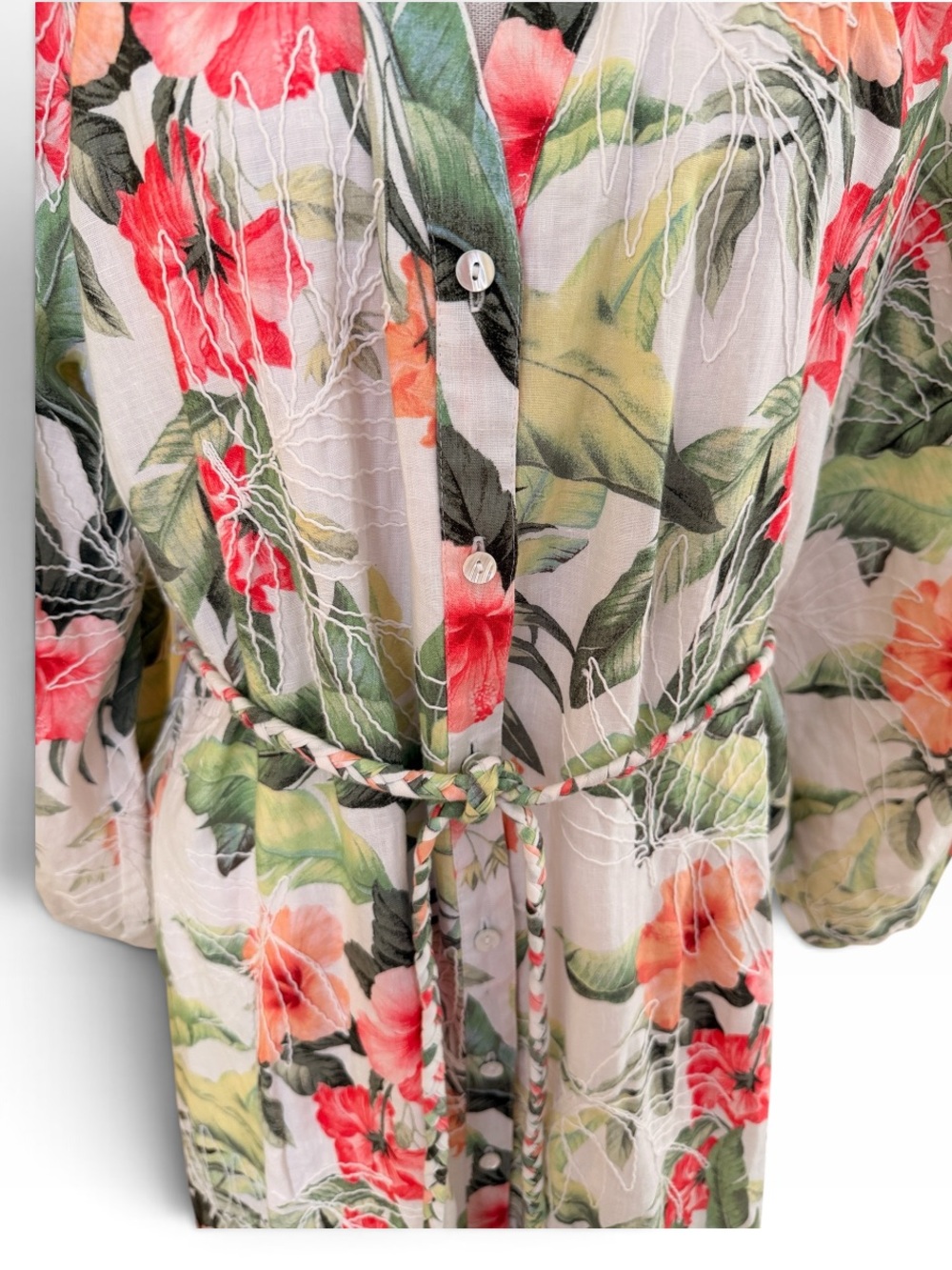 Tommy Bahama Daybreak Hibiscus" Green/Pink Floral Tiered 3/4 Sleeve Midi Dress - Picture 4 of 12